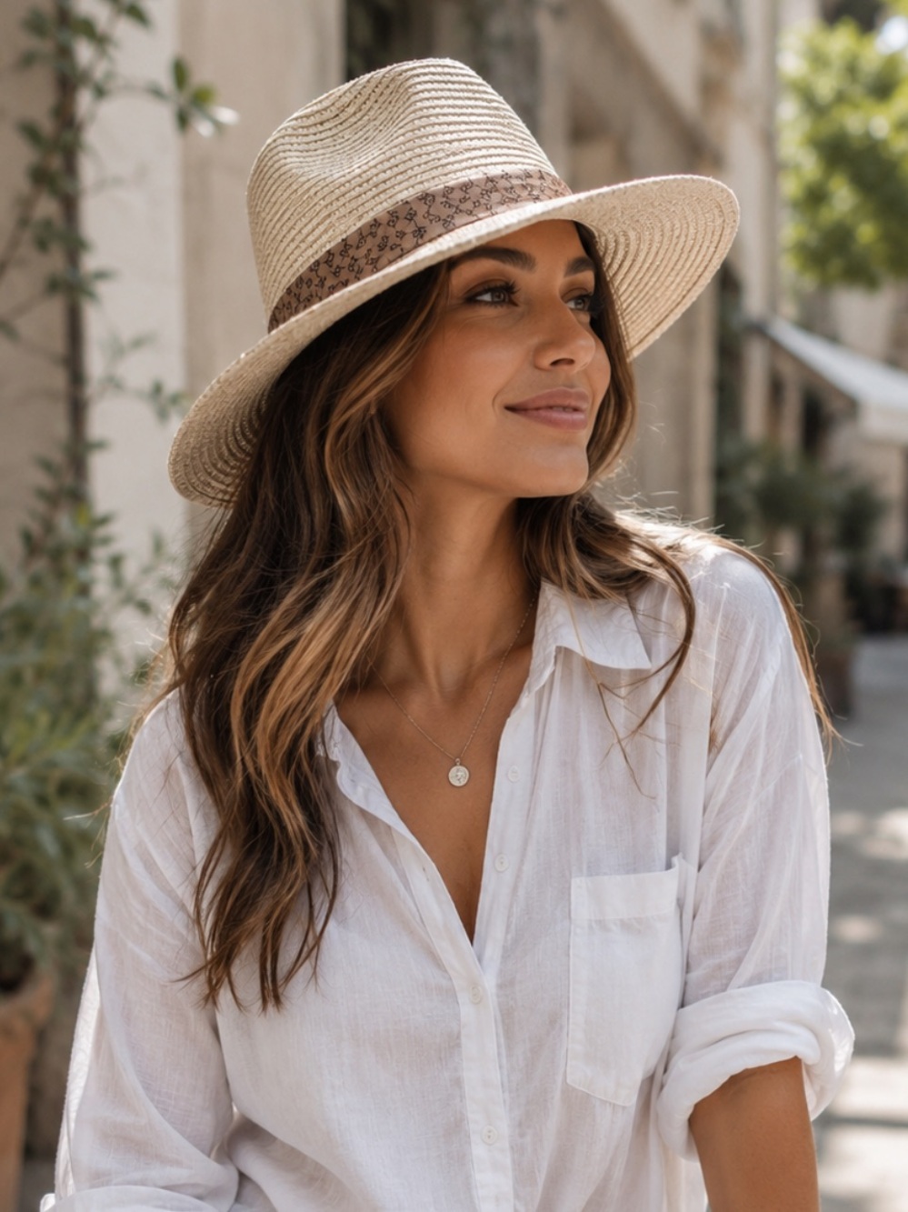 ShopEvelynne Cream Straw Fedora with Brown Patterned Band